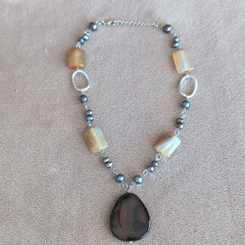Vintage 16"  Necklace Large Smokey Quartz Brown Medallion Black Beaded